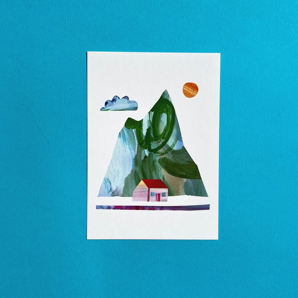 Artistic depiction of a mountain with a house and cloud on a blue background.