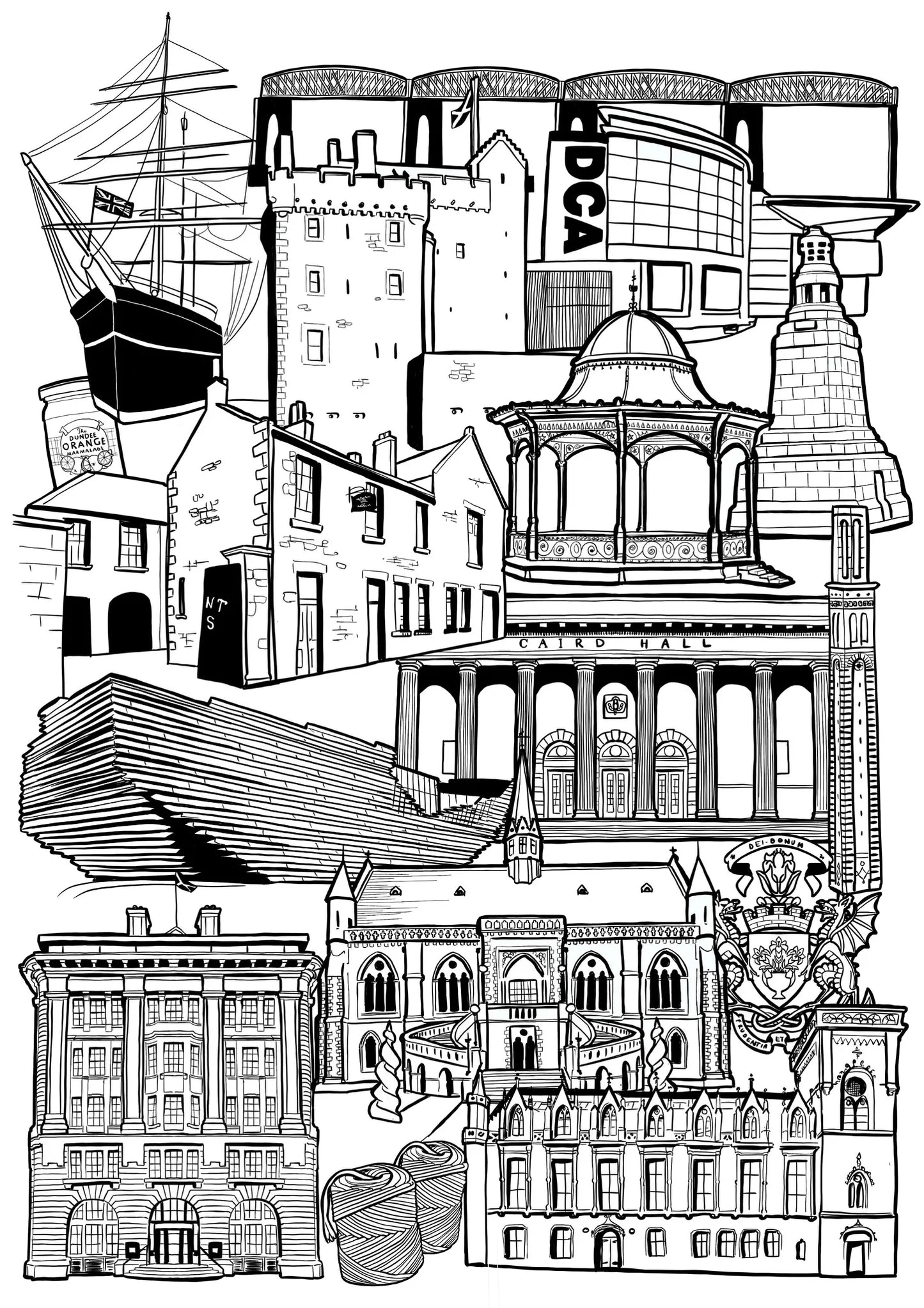 Black and white illustration of architectural highlights of Dundee