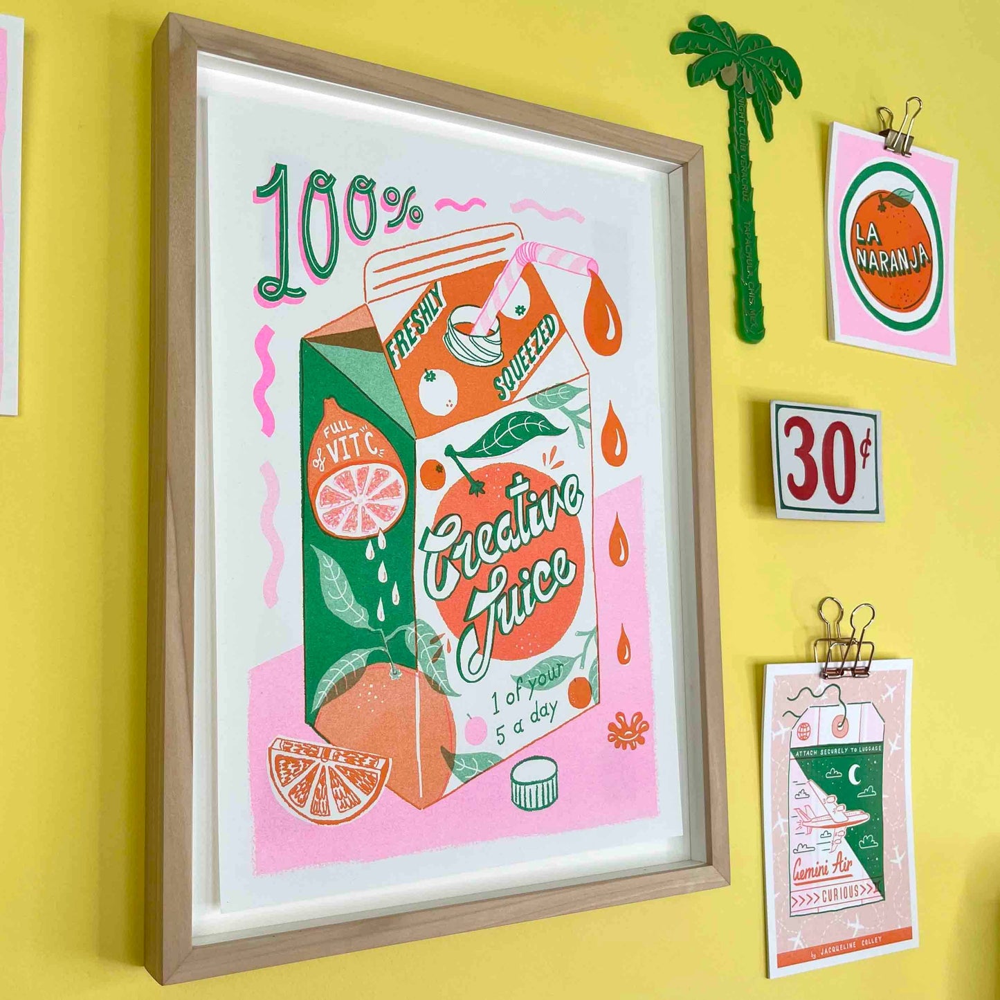neon colourful print of orange juice carton printed by risograph designed by Jacqueline Colley. Quirky colourful home decor art print.