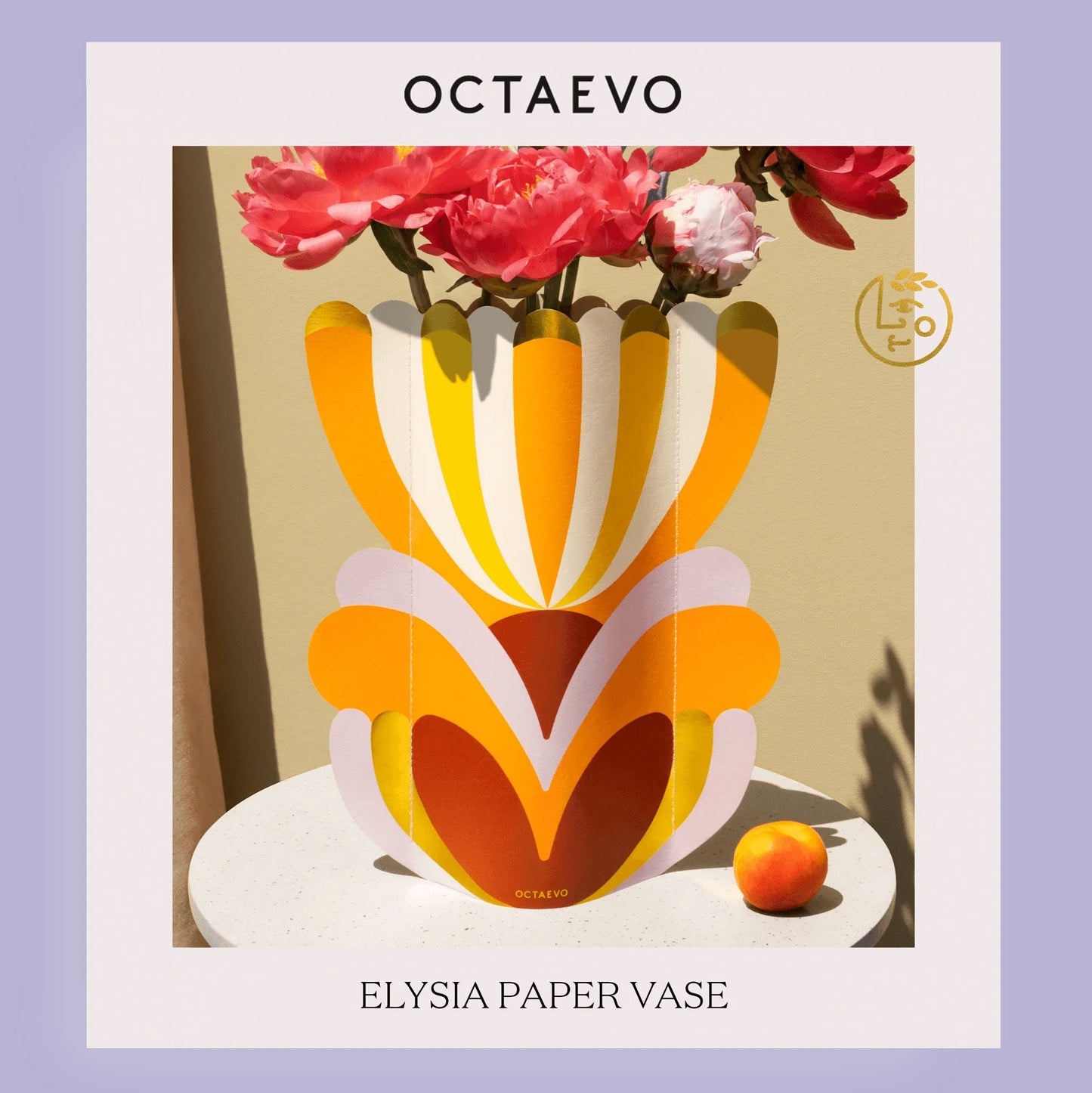 Colorful paper vase with flowers on a light background, featuring the brand 'Octaevo'.