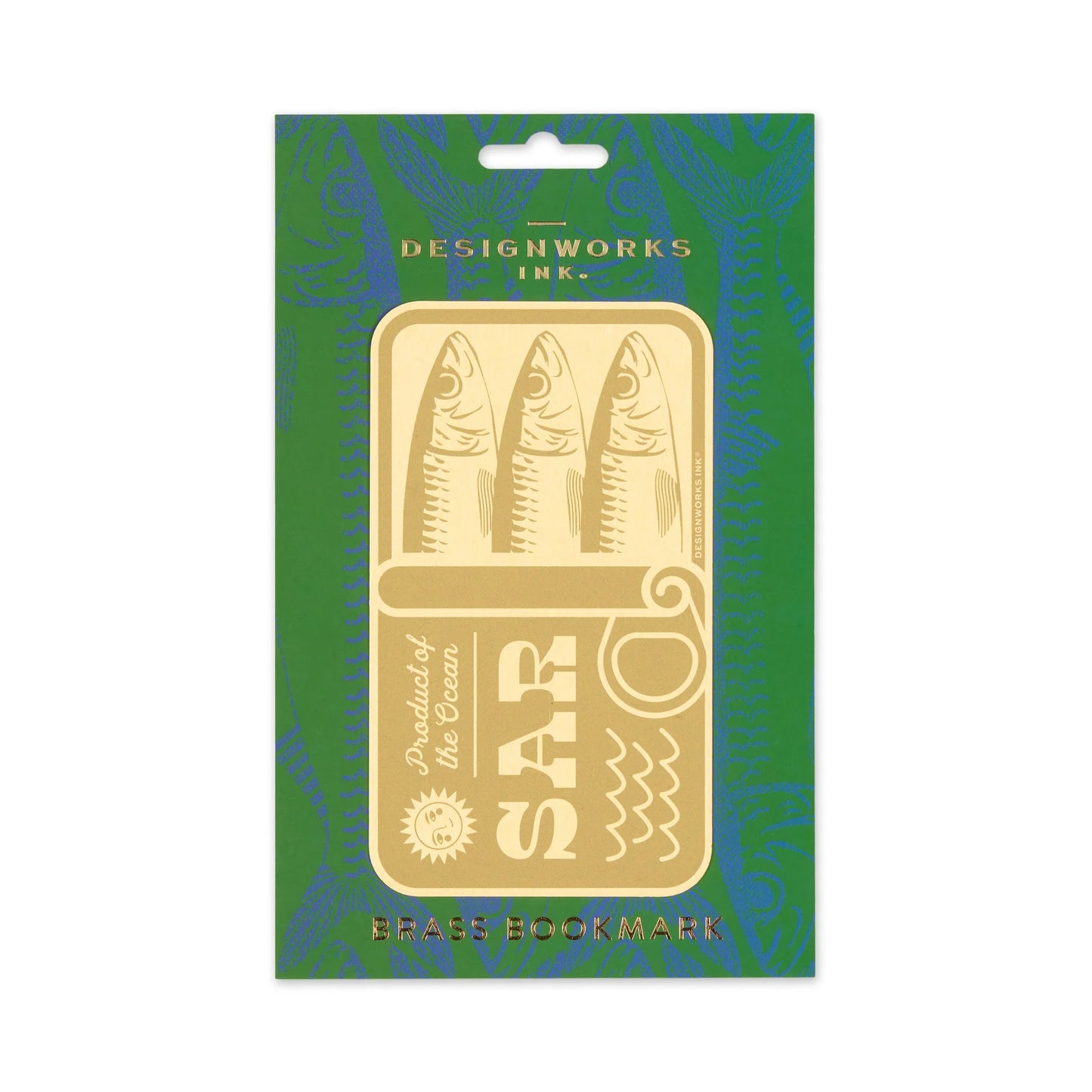 Brass bookmark with fish design on green and blue patterned packaging