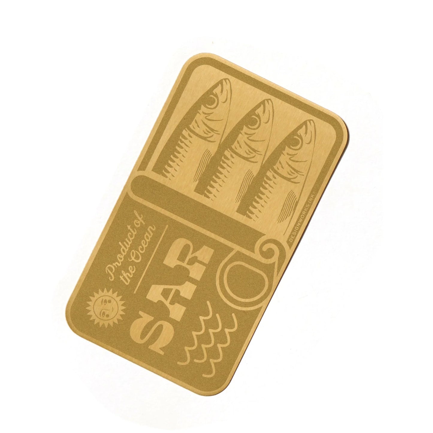 Brass bookmark illustrated to look like sardines in a tin