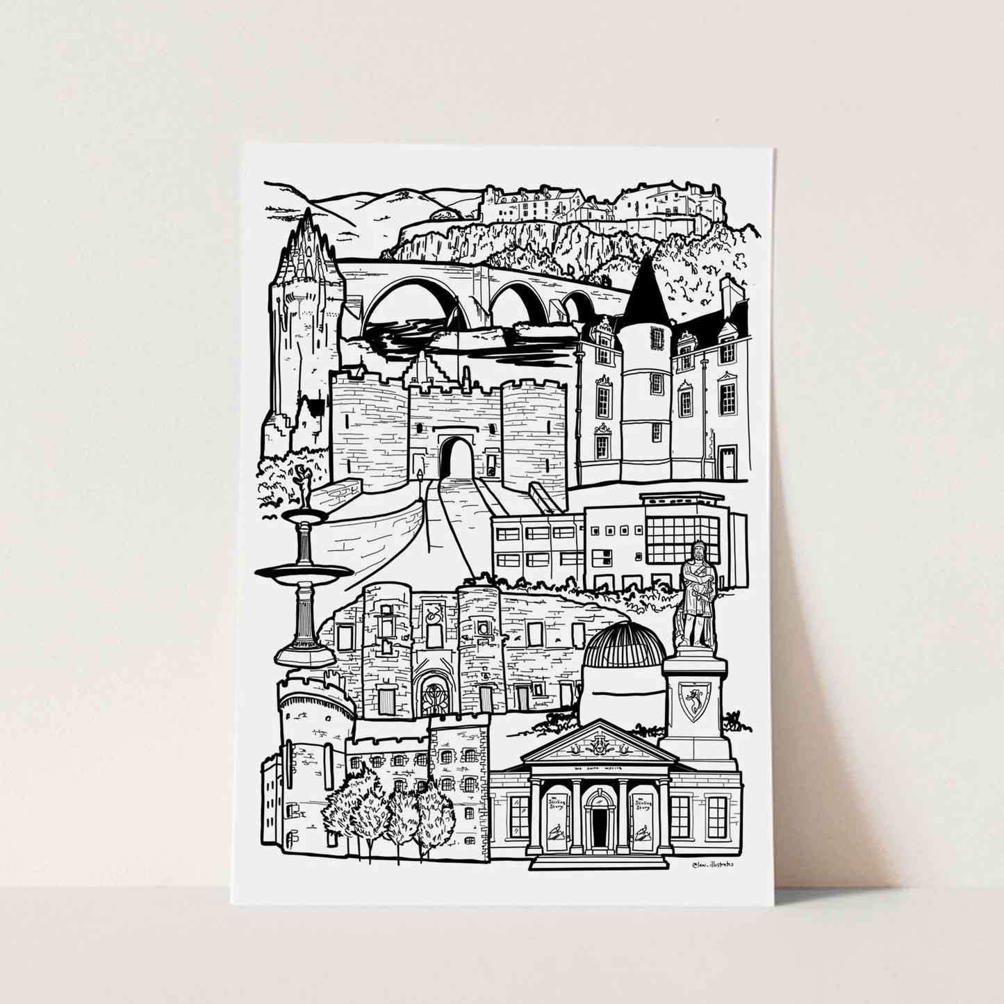 Black and white illustration of Stirling landmarks