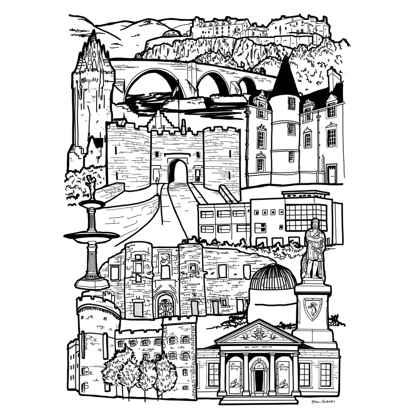 Black and white illustration of Stirling landmarks