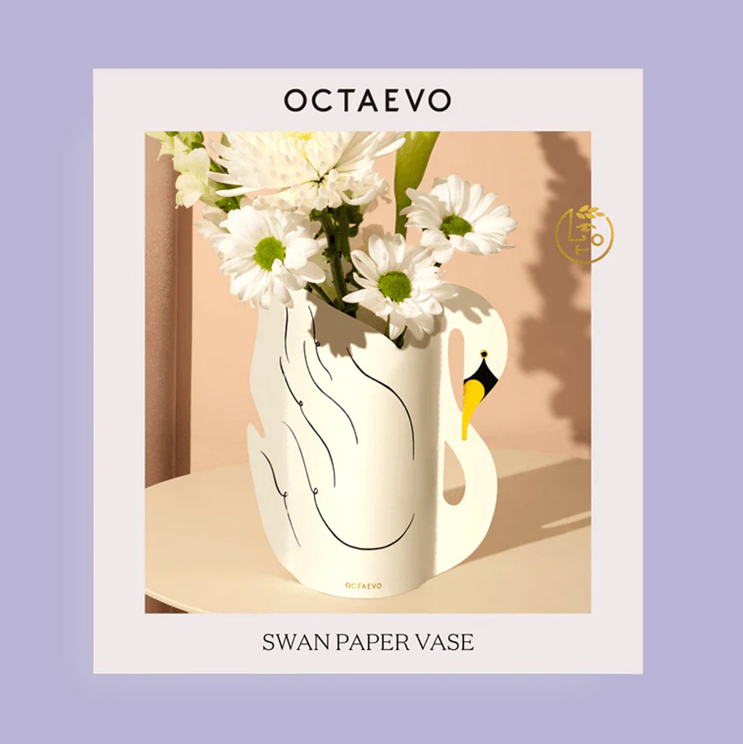 White swan paper vase with flowers on a light purple background, featuring the brand 'OCTAEVO'.