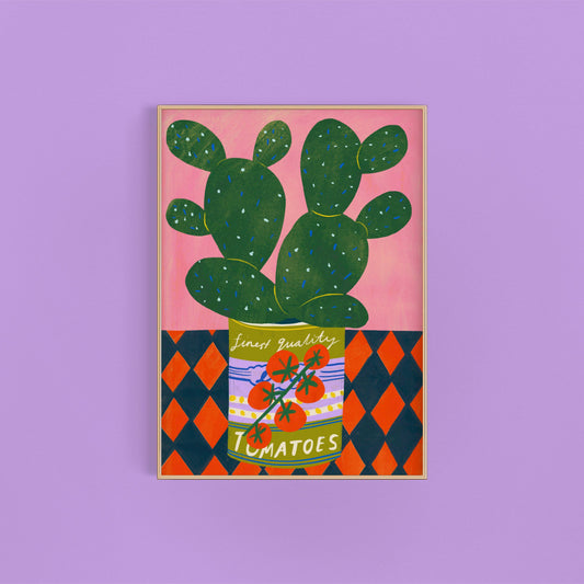Illustration of a cactus in a tomato can on a pink and checkerboard background