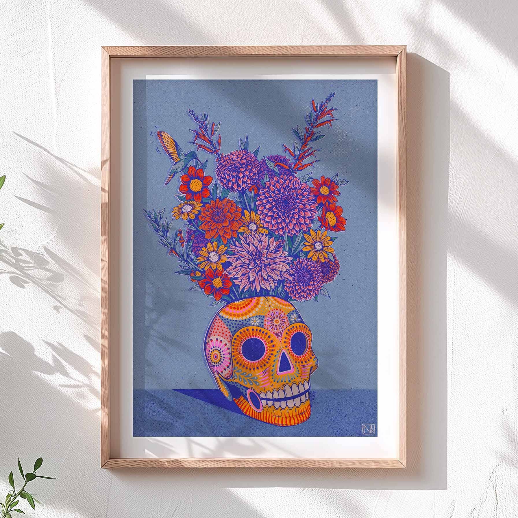 Brightly coloured illustration of flowers in a Mexican inspired patterned skull.