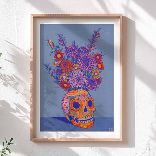 Brightly coloured illustration of flowers in a Mexican inspired patterned skull.