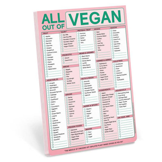A pad with a pink border and 'ALL OUT OF VEGAN' written at the top. The pad features a list of vegan food items to check off, with a magnet on the back.