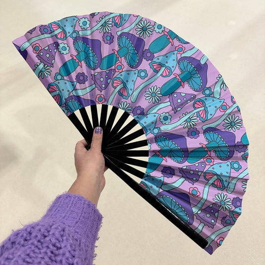 Giant Clacking Hand Fan Purple & Teal Toadstools Print  (Glows in UV!)