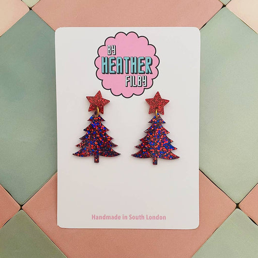 Red & Blue Christmas Tree Earrings - Best Seller