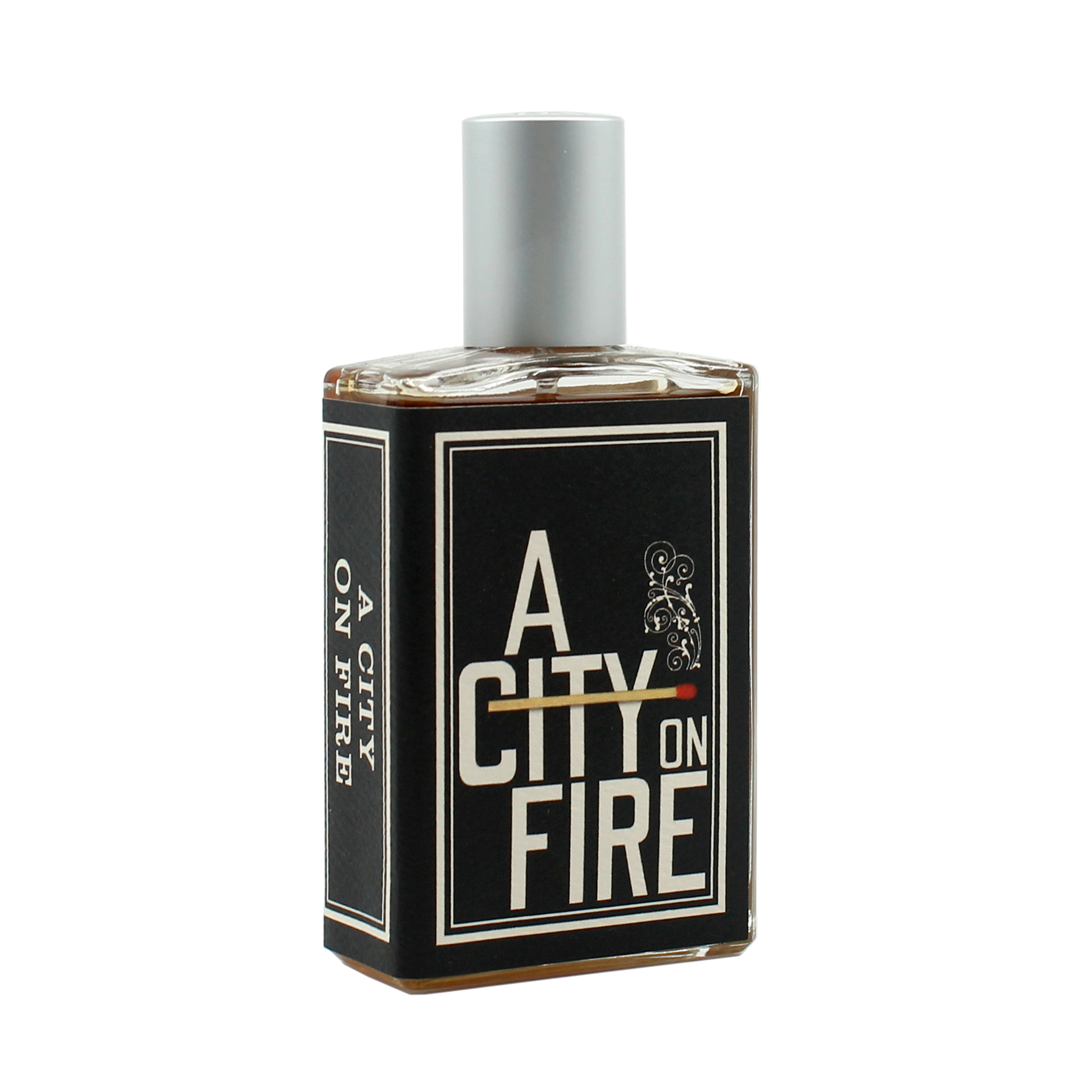 Perfume bottle labeled 'A City on Fire' on a white background