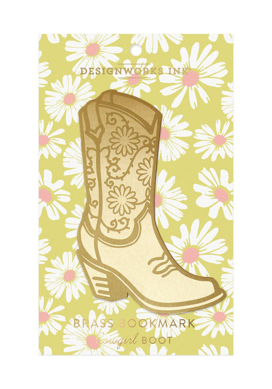 a metal cowboy boot bookmark in floral packaging