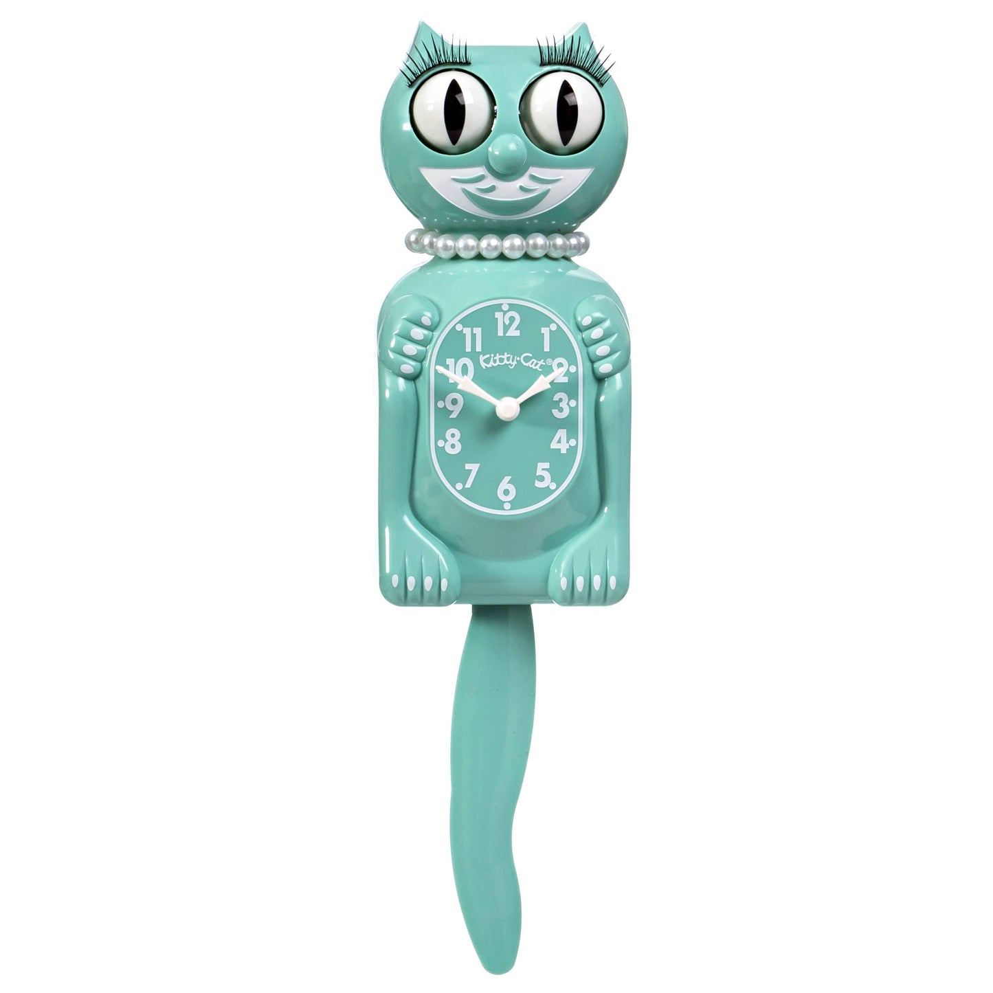 Turquoise cat-shaped clock with a white face on a white background, straight on view.