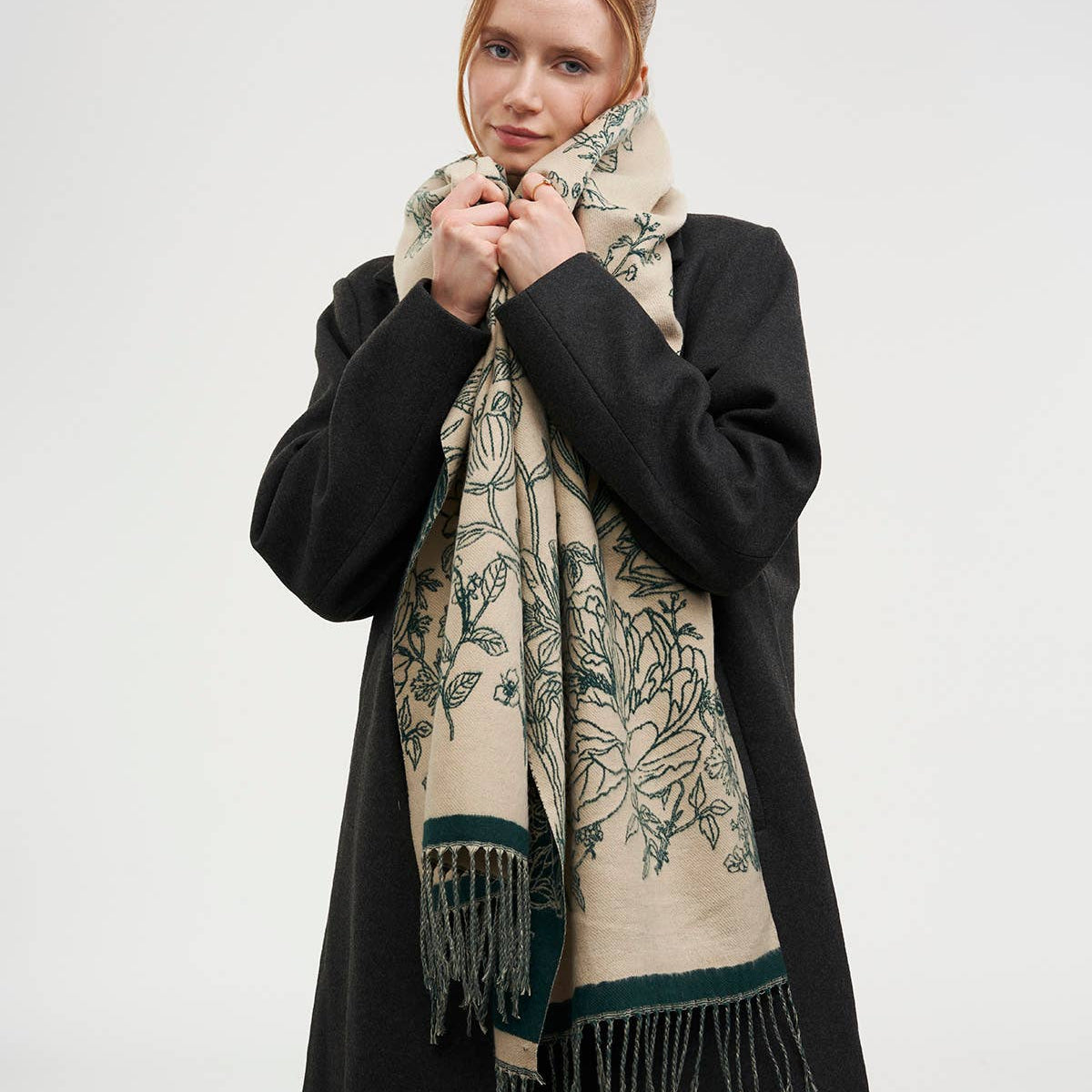 Midnight Garden Long Jacquard Scarf in Green