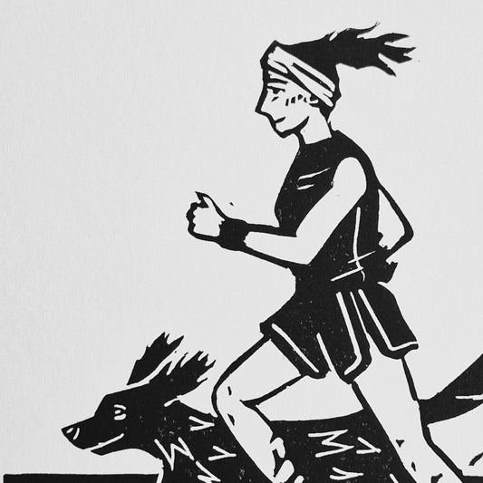 A black and white lino print illustration of a person running with a dog.