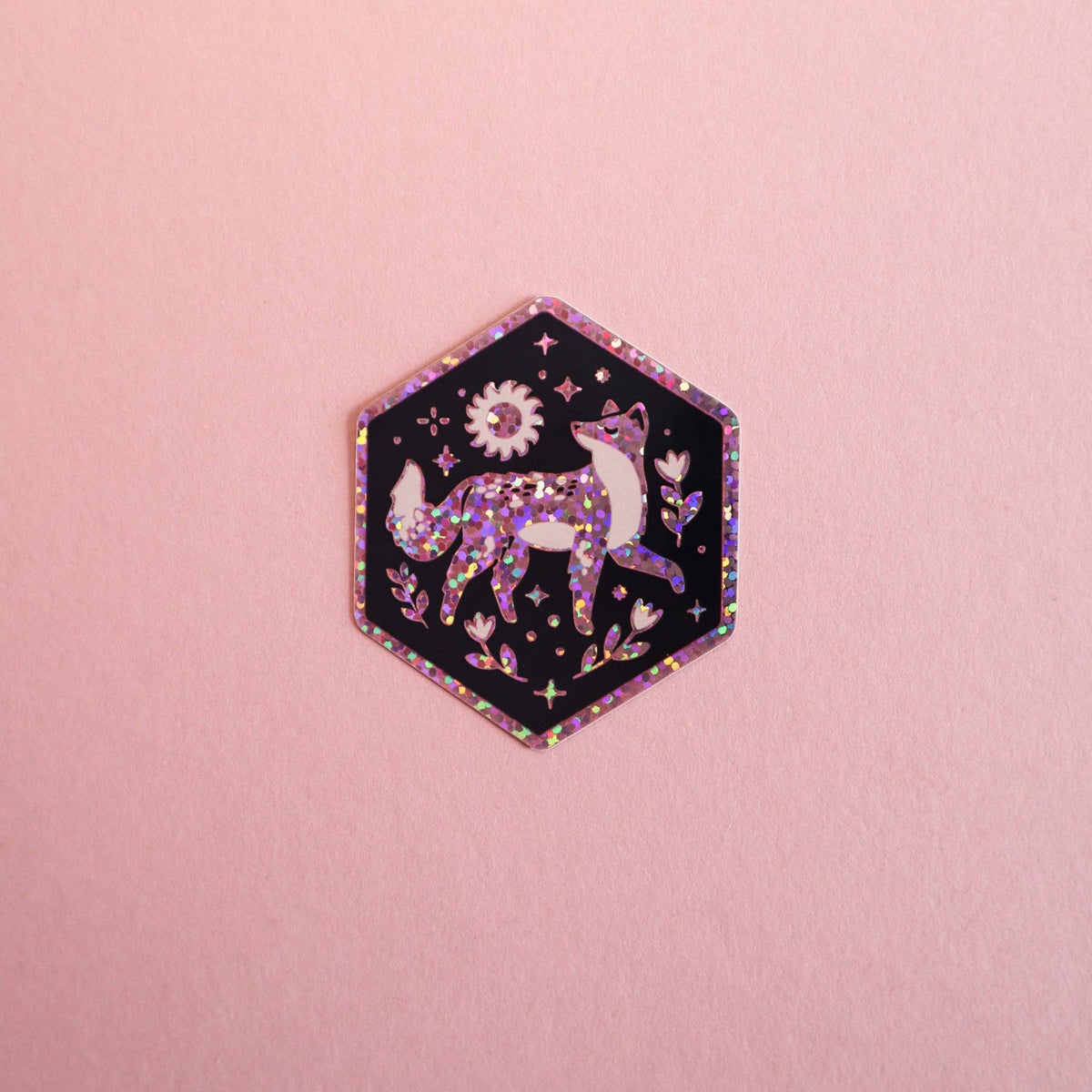 Fox and Sun Hexagon Glitter Sticker