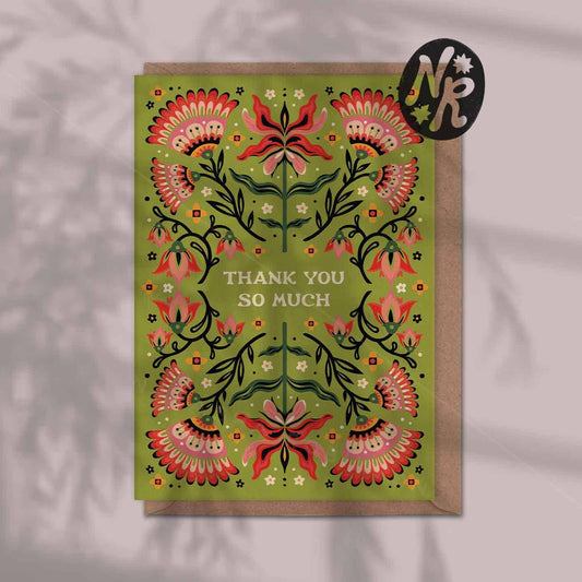 Decorative card with floral design and 'Thank you so much' text on a green background