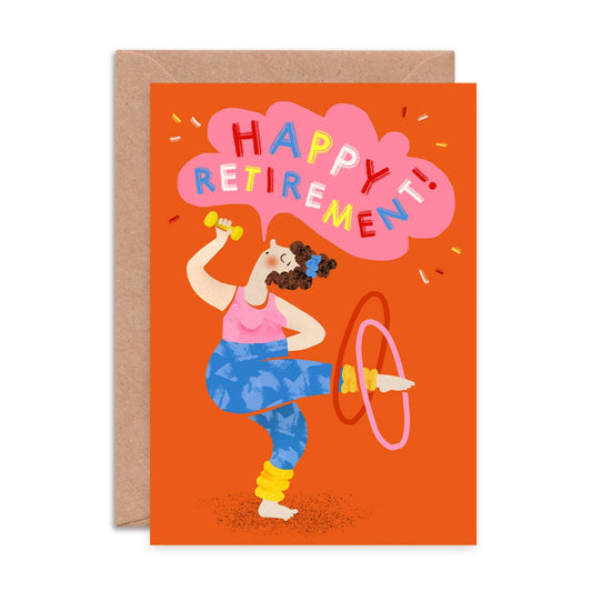 Greeting card with a woman exercising and 'Happy Retirement!' text on an orange background