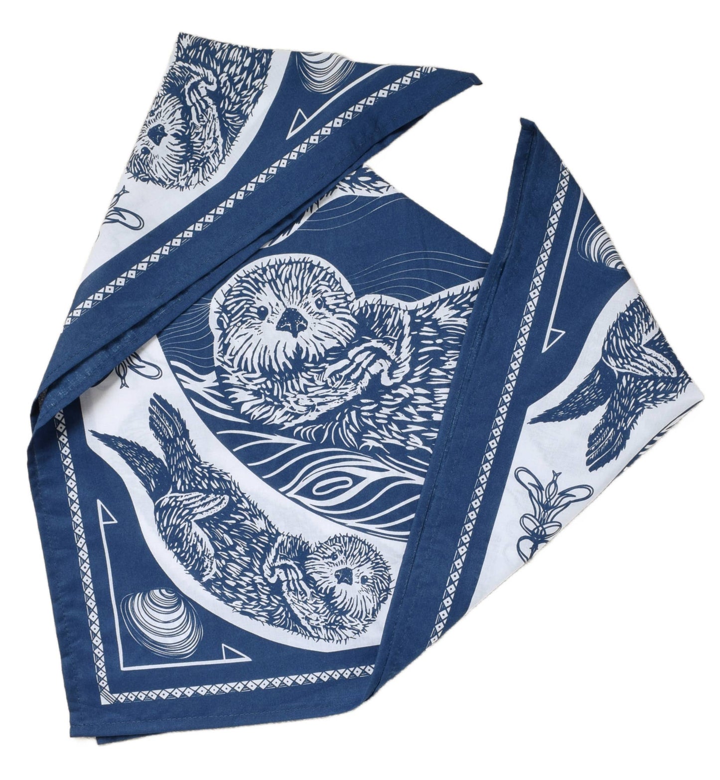 Blue and white patterned fabric bandana with wild otter designs on a white background