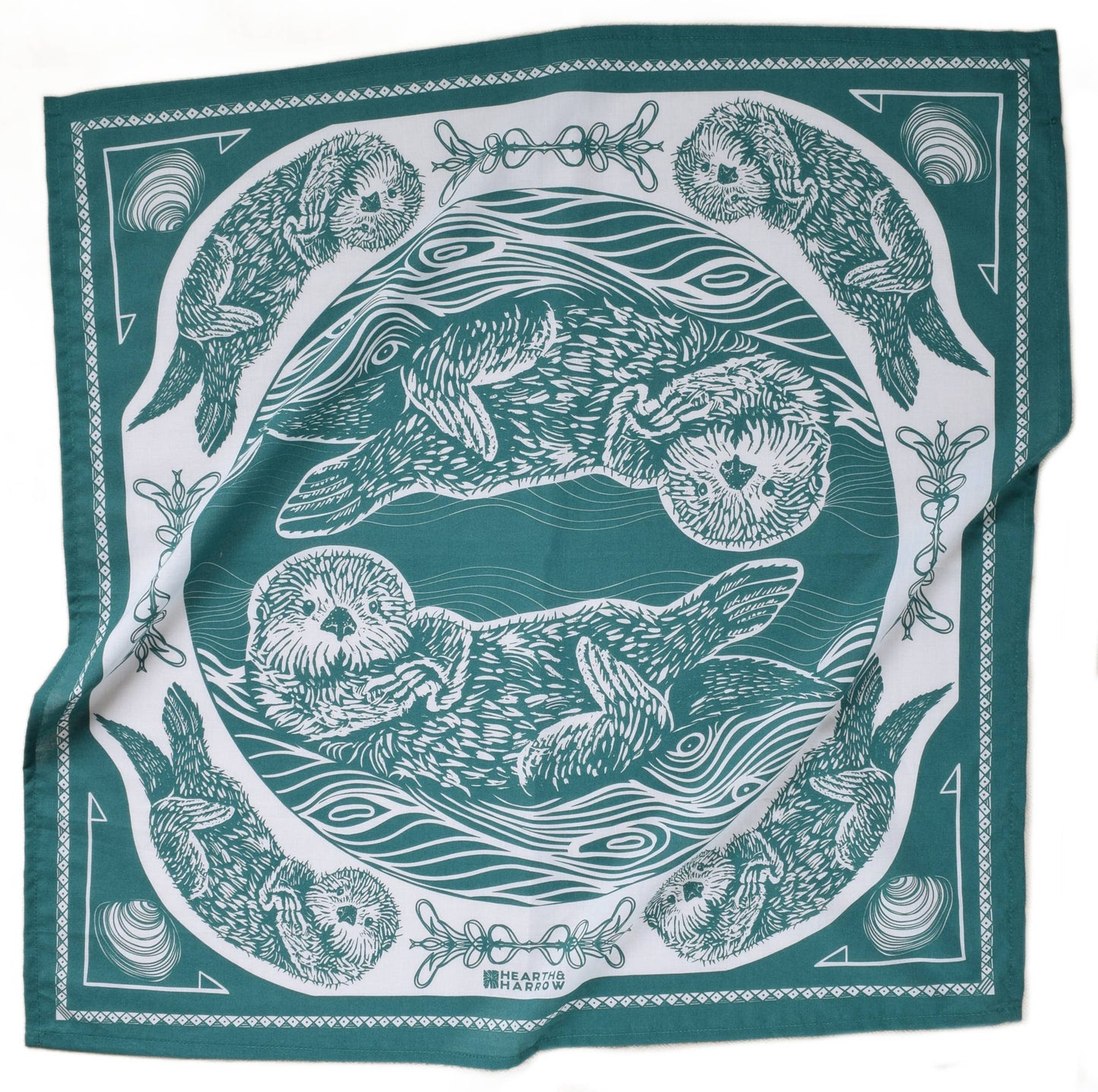 Teal bandana with white otter design and border