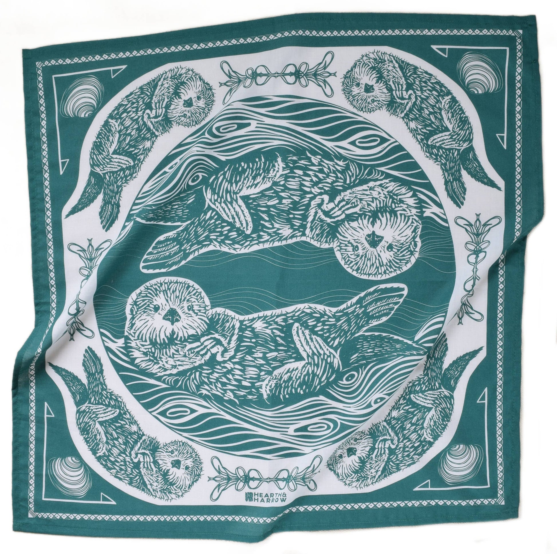 Teal bandana with white otter design and border