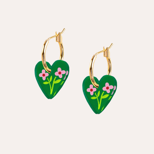Green Heart Mini Hoop Charm Earrings