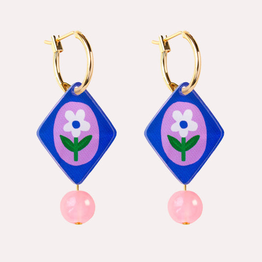 Blue Floral Charm Hoop Earrings