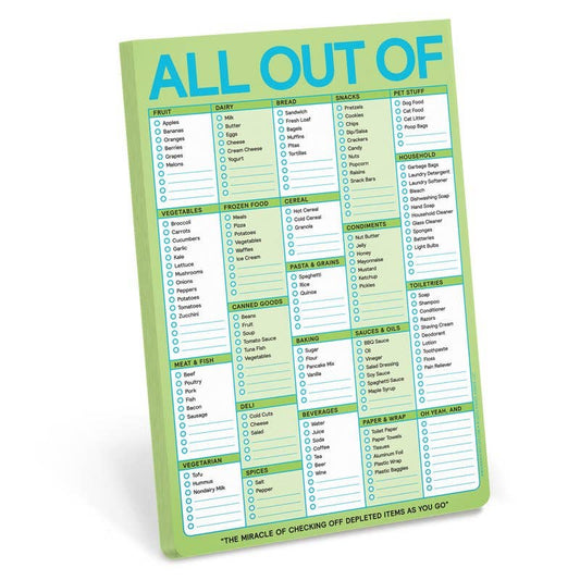 A pastel green magnetic notepad with the title 'ALL OUT OF' printed at the top,