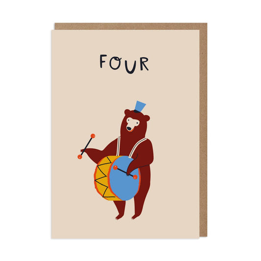 Greeting card with an illustration of a cartoon bear wearing a hat and playing a drum, with the number '4' at the top .