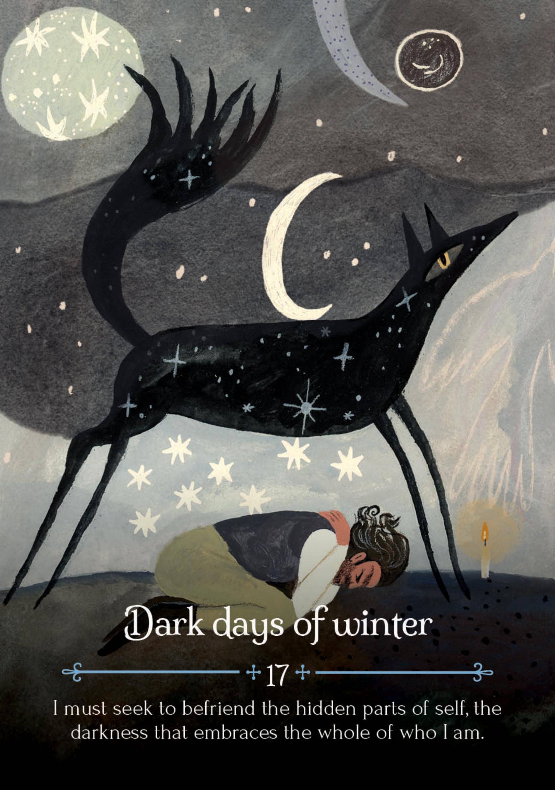 Illustration of a person lying down with a large black creature and celestial elements, text 'Dark days of winter' displayed.