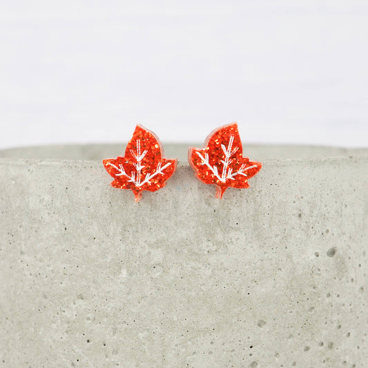 Orange Glitter Autumn Leaf Studs