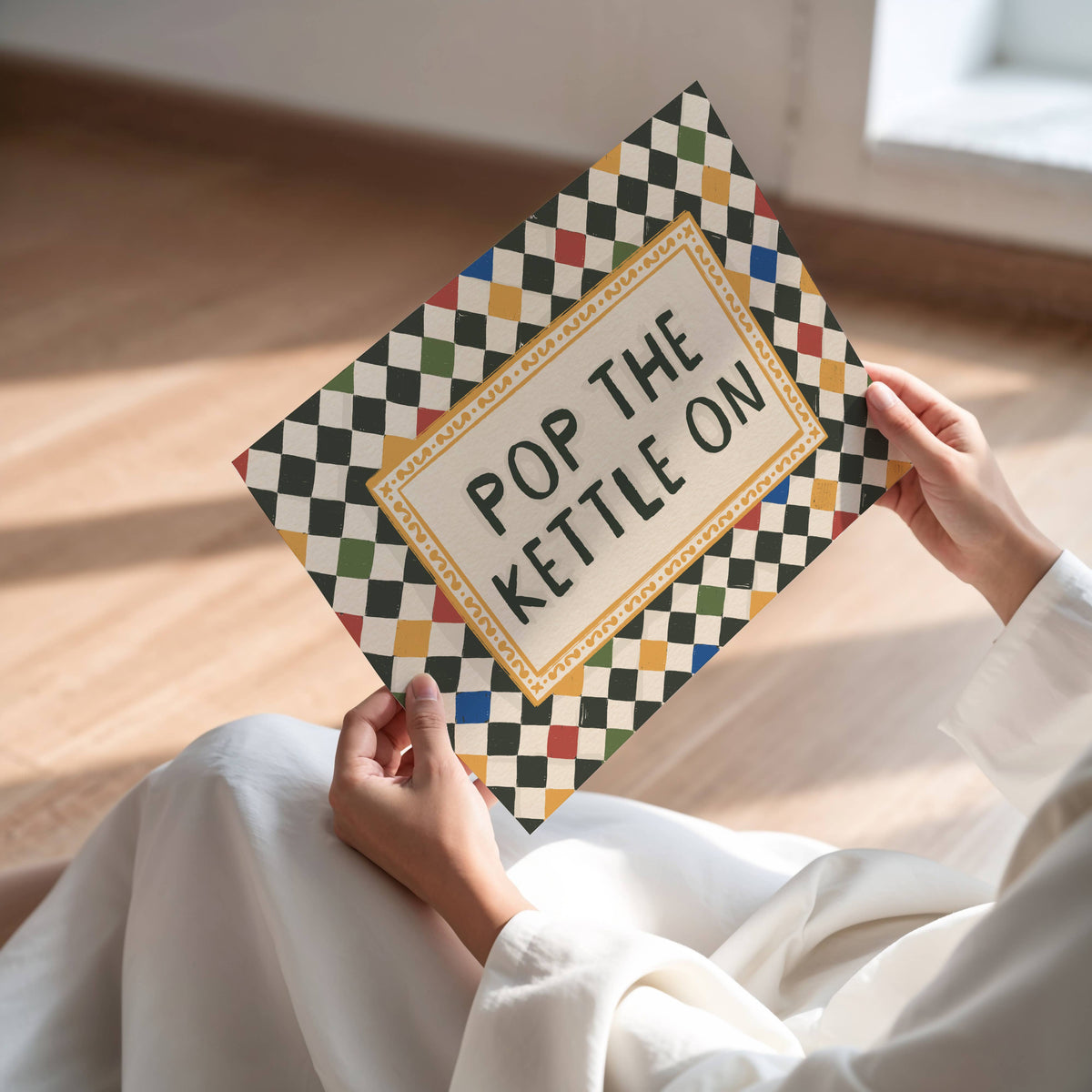 Pop The Kettle On Checkerboard A3 Art Print