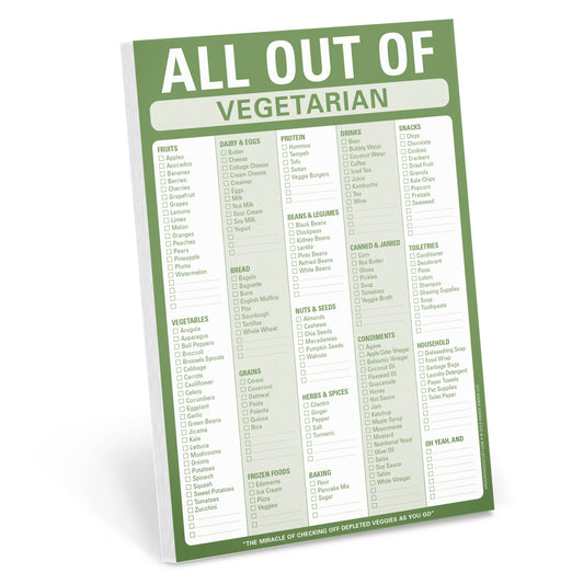 All Out Of pad with a green border and white background, featuring a list of vegetarian food items to check off.