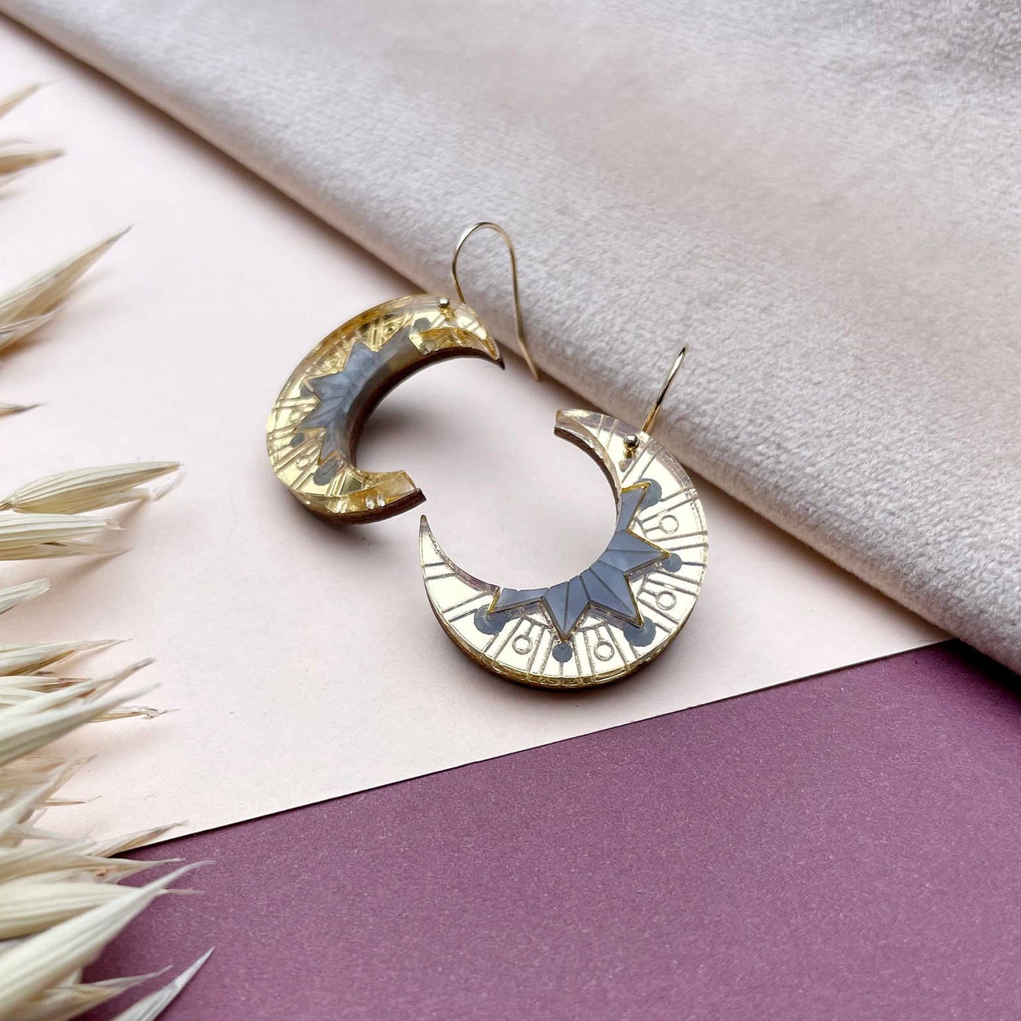 Aurora Moon Drop Earrings - Gold & Slate