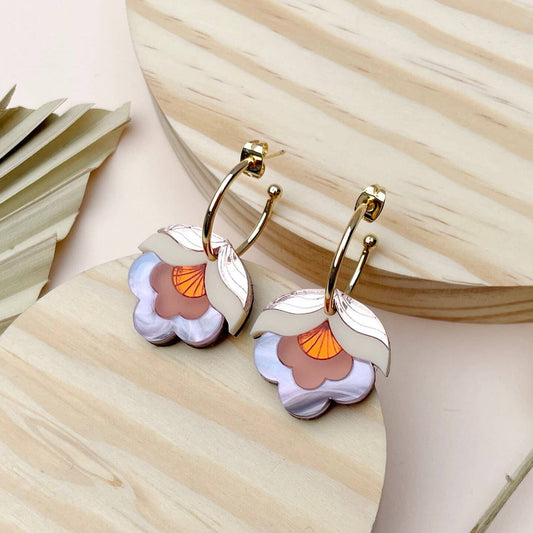 Anna Retro Flower Hoop Earrings: Pink Sky
