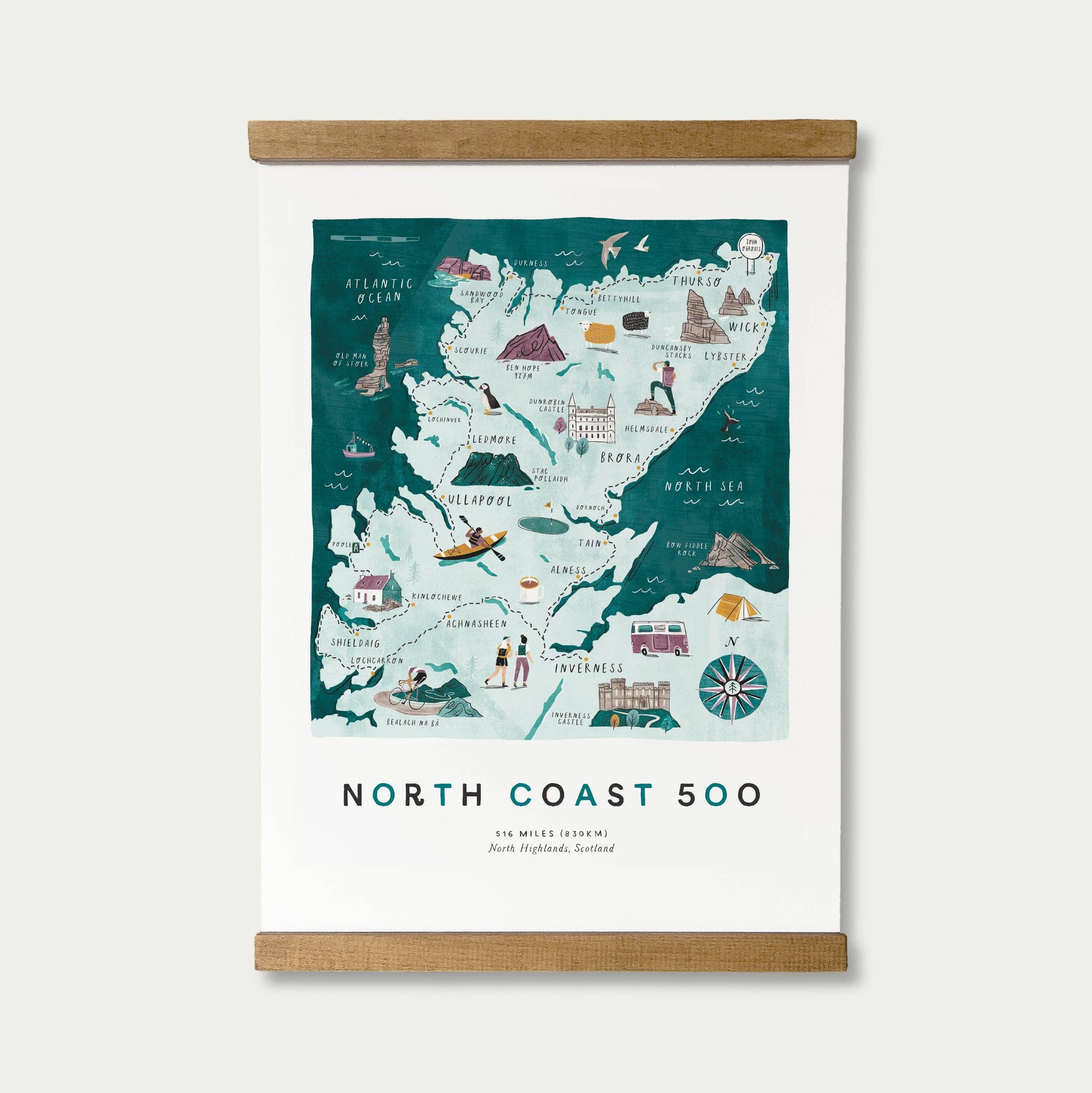 Map of the North Coast 500 with illustrations on a white background