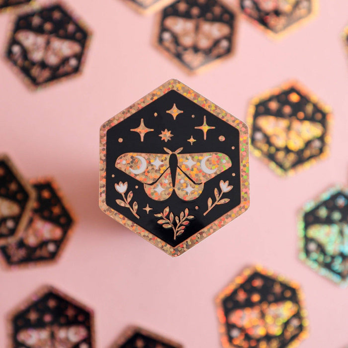 Lunar Moth Hexagon Glitter Sticker