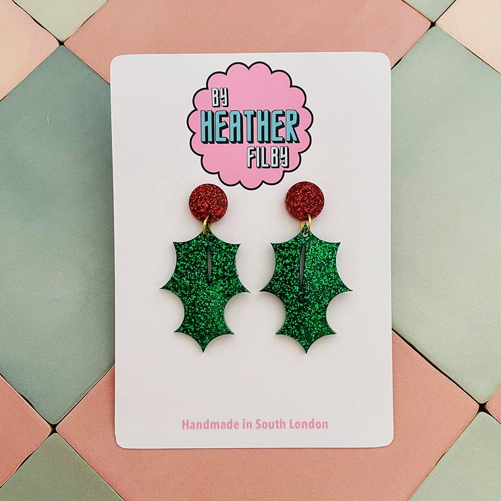 Holly Leaf Christmas Glitter Earrings