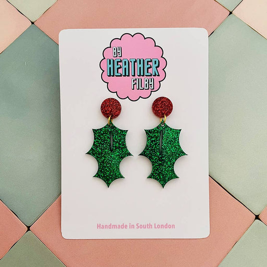 Holly Leaf Christmas Glitter Earrings
