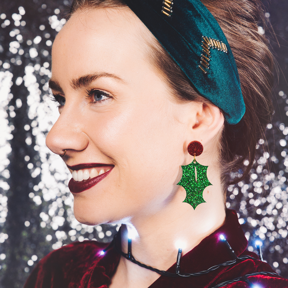 Holly Leaf Christmas Glitter Earrings