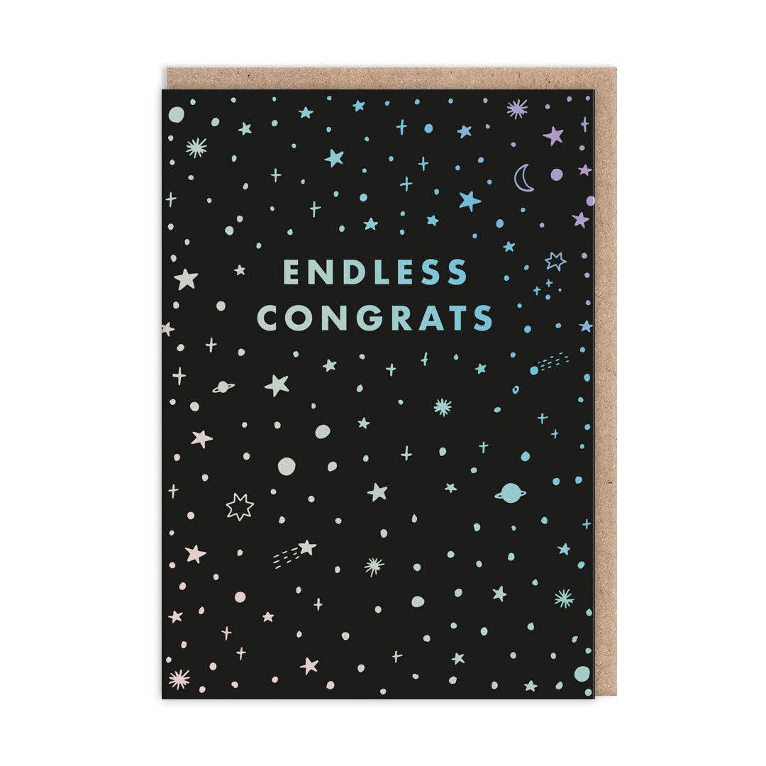 A black greeting card with a pattern of holographic stars and the text 'ENDLESS CONGRATS' in a lighter shade.