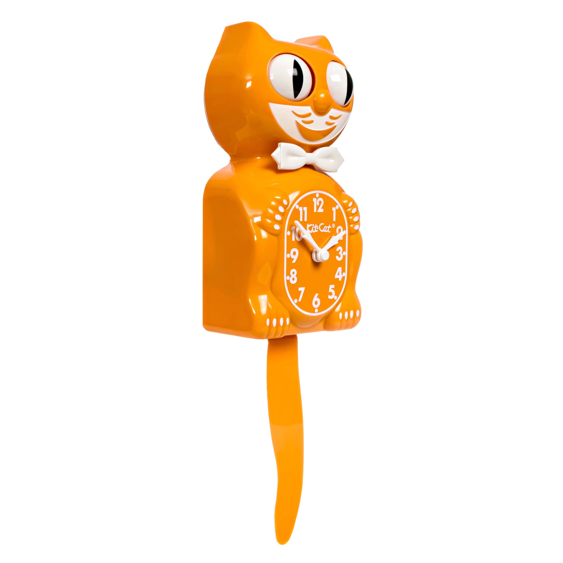 Orange cat-shaped clock with a white face on a white background 3/4 view