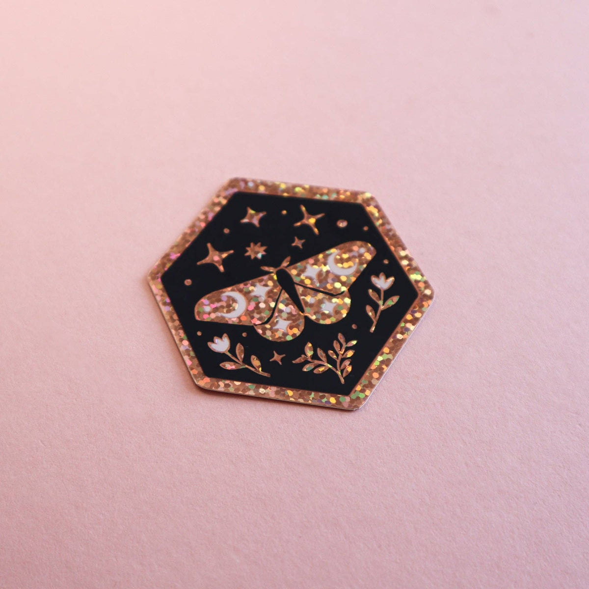 Lunar Moth Hexagon Glitter Sticker