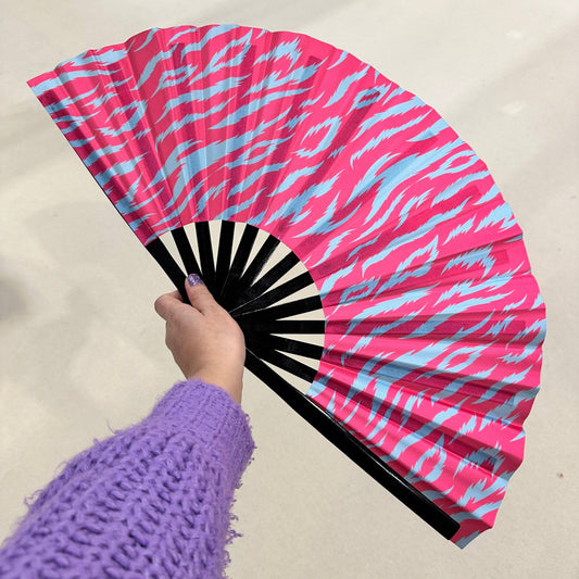 Pink & Blue Tiger Animal Print Giant Clacking Hand Fan (Glows in UV!)