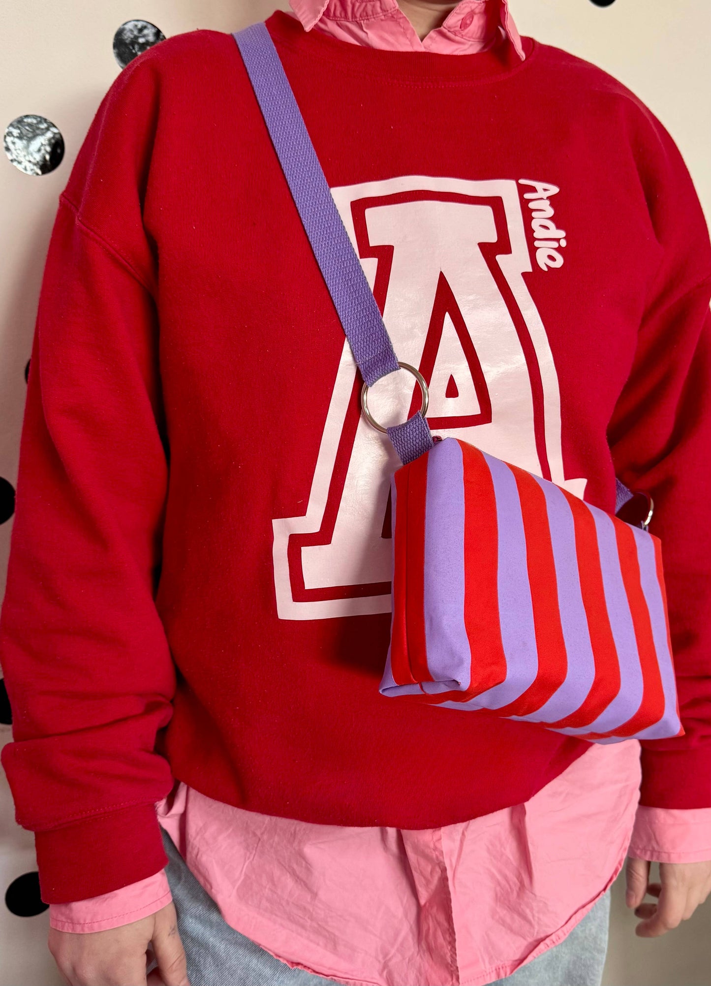 Red and Lilac  waxed canvas crossbody boxy bag