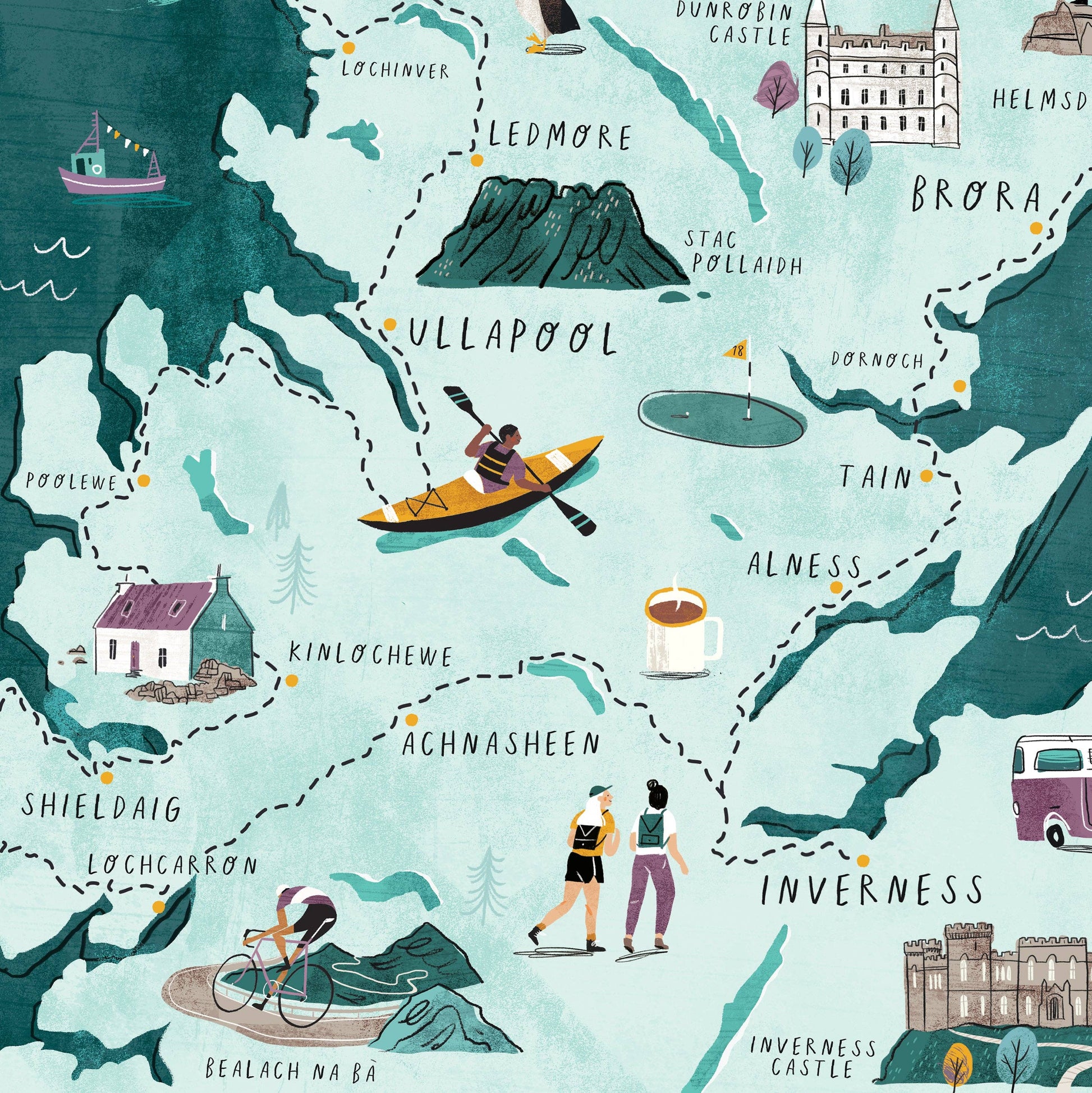 Illustrated map of a scenic route in Scotland with various activities and landmarks.