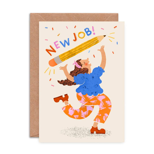 Greeting card with illustration of a person holding a large pencil and 'NEW JOB!' text, with a brown envelope.