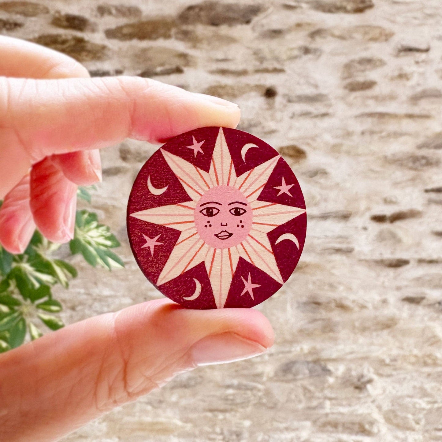 Celestial Star Wooden Pin Badge: Burgundy and Pink