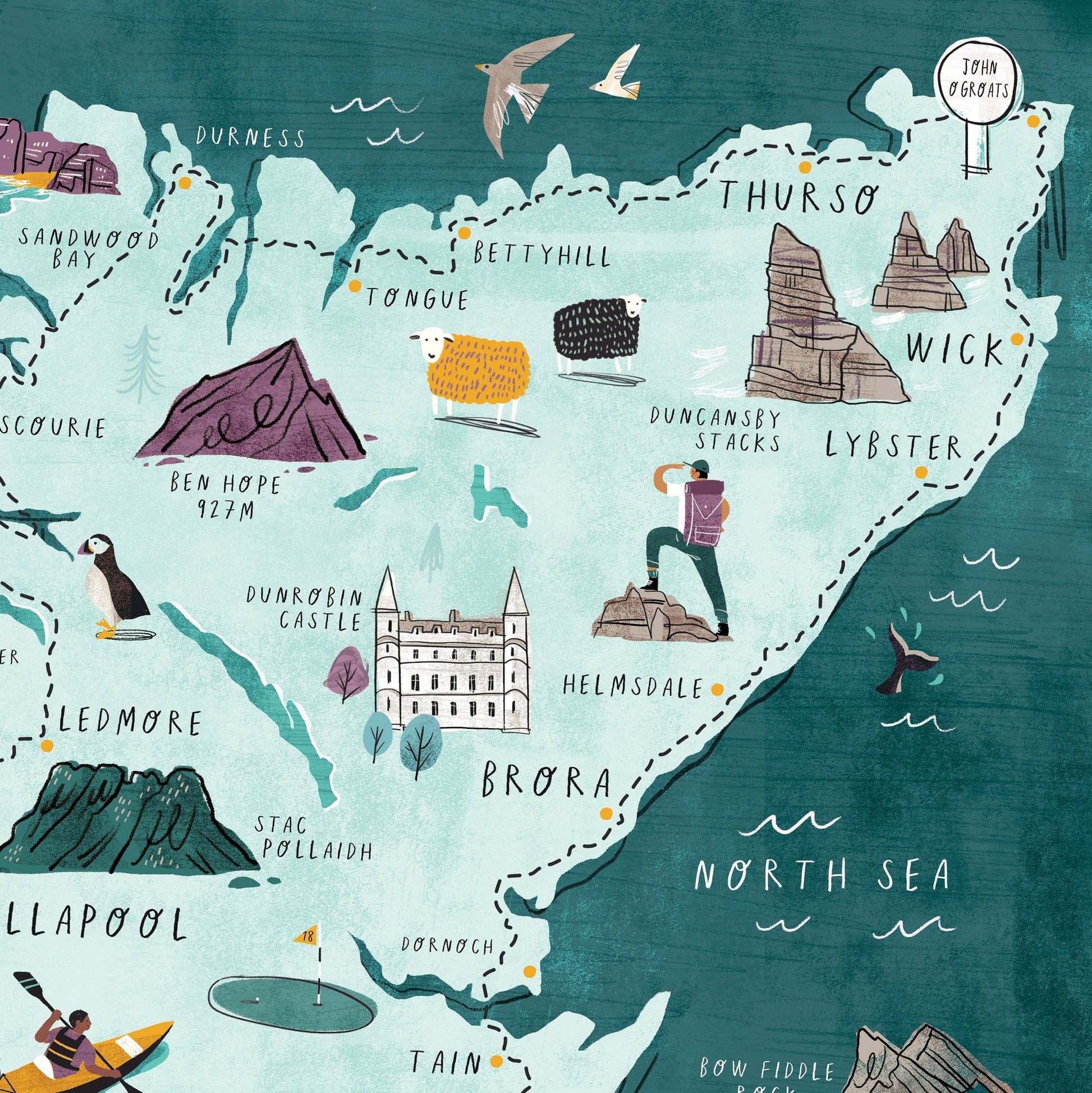 Illustrated map of the Scottish Highlands with various locations marked.